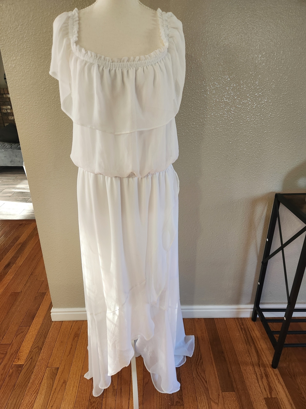 Express White Layered Maxi Dress with Ruffled Scoop Neck